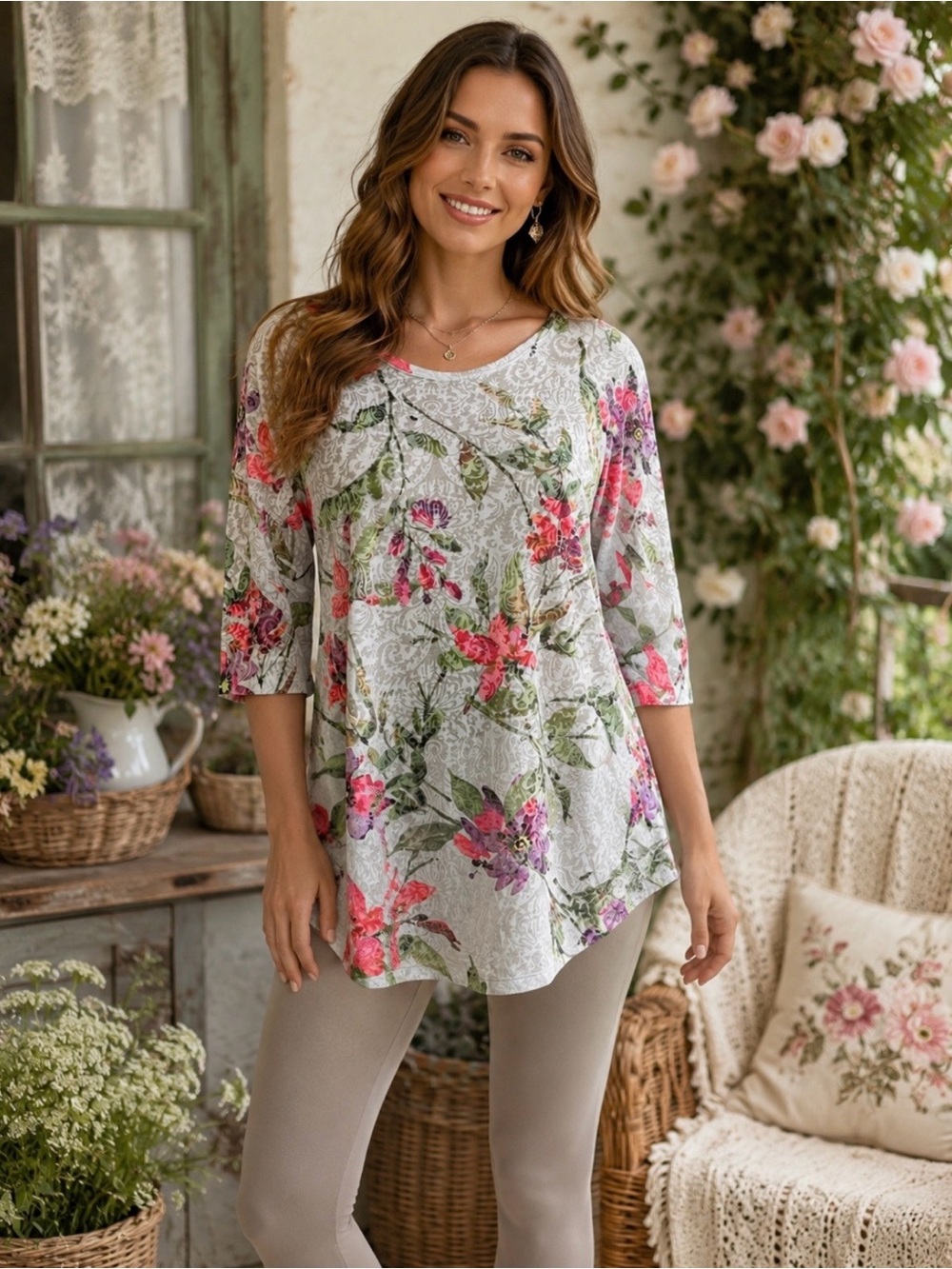 Katherine Marie floral fold over texture tunic top